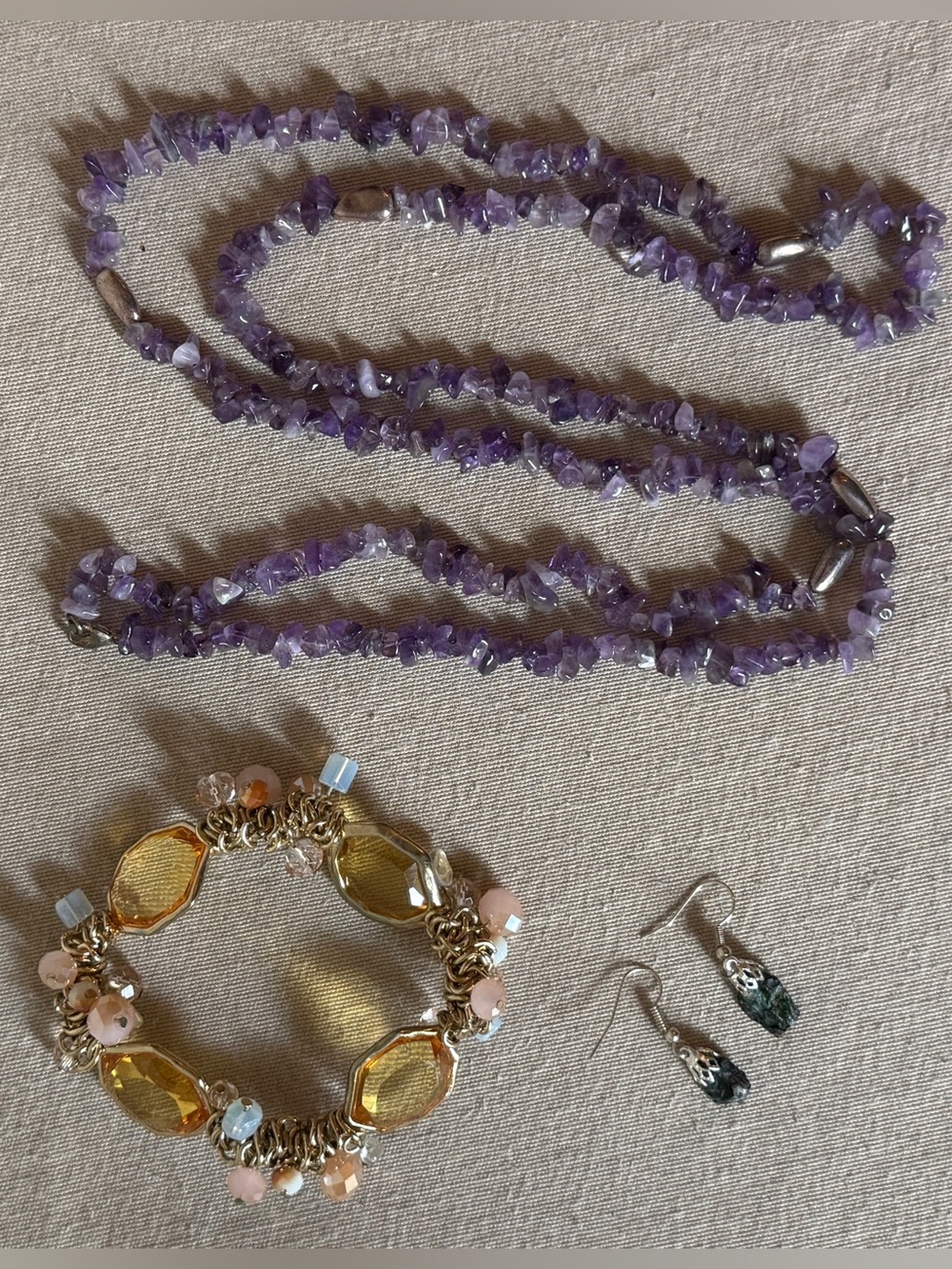 Amethyst Purple Chip Bead Necklace, Faux Amber bracelet & Rock Earrings